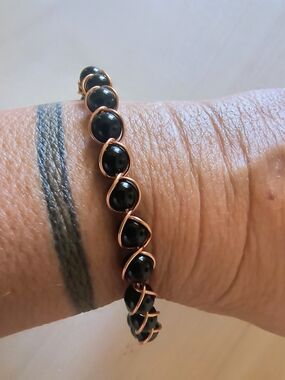 Hand Crafted Black Bead Bracelet with Copper Wire Accents